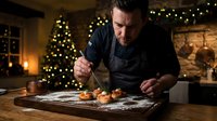 Professional chef preparing gourmet appetizers in cozy kitchen with Christmas tree lights creating warm festive atmosphere for holiday cooking and dining.