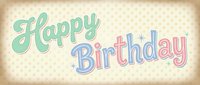 Happy Birthday greeting text in pastel mint green and multicolor lettering on vintage beige dotted background, suitable for cards and celebrations.