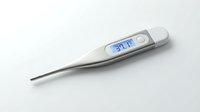 Digital thermometer displaying 37.1 degrees on LCD screen, isolated on white background, ready for medical and healthcare design applications.