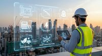 Construction engineer using digital tablet with smart city technology interface overlay showing sustainability and infrastructure management icons against urban skyline.