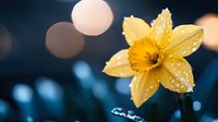 Yellow daffodil flower with water drops against dark blurred background with bokeh lights, spring nature macro photography with morning dew.