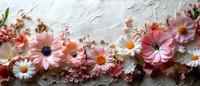 Delicate pink and white daisies, gerberas and small blossoms arranged in decorative border composition on textured white background for wedding and spring designs.