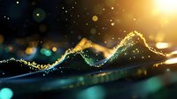 Abstract golden wave with glowing particles and bokeh lights on dark background, suitable for business, technology, and financial presentations.