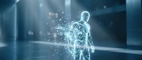 Glowing digital human figure composed of particles and light rays dispersing into space, representing technology, artificial intelligence, data visualization, and innovation in modern computing environments.