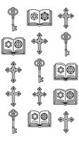 Religious symbols line art collection featuring ornate crosses, vintage keys, and open books with sacred geometry on white background for spiritual designs.