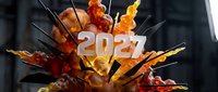 Explosive 2027 new year celebration with dramatic fire burst and metallic spikes creating dynamic festive display for holiday marketing and event promotion.