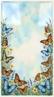 Watercolor butterfly border frame with wildflowers and copy space, soft blue sky background, spring nature art for cards and invitations.