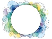 Abstract watercolor frame with flowing organic shapes in blue, green, yellow and purple tones surrounding white circular space for text or design elements.