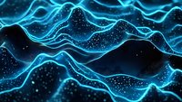 Glowing neon waves with particles flowing across dark background, representing digital data streams, technology networks, and futuristic motion graphics for tech presentations.