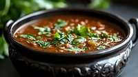 Aromatic lentil soup garnished with fresh herbs and sesame seeds in vintage metal bowl, close-up view showing rich texture and warm brown color.