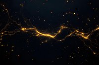 Golden lightning bolts strike across dark night sky with glowing particles and sparks, creating dramatic energy effect for technology, power, and motion design projects.