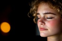 Young woman with curly blonde hair and nose piercing in dramatic side lighting, eyes closed peacefully against dark background with orange bokeh light.