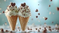 Sweet vanilla ice cream cones decorated with chocolate hearts and sprinkles on blue background with floating heart shapes creating romantic mood.