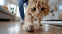 Curious ginger cat with fluffy fur walking on wooden floor, close-up view of paw and face showing playful expression in cozy home interior setting.