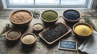 Assorted legumes and grains including lentils, chickpeas, mung beans, and sesame seeds arranged in bowls on wooden surface with plant-based protein label for nutrition and healthy eating concepts.