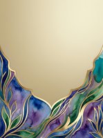 Watercolor floral border with gold accents on cream background, featuring blue, purple, and teal flowing botanical elements with ornamental leaf details.