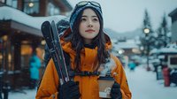 Young Asian woman skier in orange jacket holding skis at snowy mountain resort village during winter evening with warm lights and cozy atmosphere.