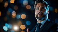 Confident Caucasian businessman in dark suit against blurred bokeh lights background, dramatic portrait with moody lighting for corporate advertising.