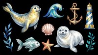 Nautical sea animals collection isolated on transparent background, featuring seal, sea lion, fish, starfish, shell, anchor, lighthouse and seaweed elements ready for t-shirt design, clipart, stickers and print-on-demand projects.
