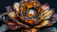 Dramatic macro shot of a metallic copper and gold lotus flower with intricate layered petals against dark background, artistic floral design element.