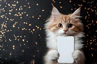 Ginger fluffy cat holding blank white smartphone mockup against dark background with golden bokeh lights and copy space for design presentation.