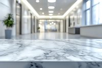 Modern office lobby with marble table surface in foreground and blurred corporate interior background for product display and business presentations.