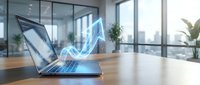 Modern laptop with holographic data visualization on wooden desk in contemporary office space with city view windows for business technology presentations.
