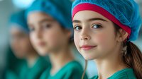 Young female medical student or resident in surgical scrubs and cap smiling confidently in hospital setting, with blurred colleagues in background, representing healthcare education.
