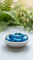 Blue omega-3 fish oil capsules in white ceramic bowl on clean surface with green fern plants in soft natural light background for health supplements.