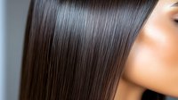 Silky smooth straight dark brown hair close-up showing healthy shine and professional salon styling result against blurred background. Perfect for beauty and haircare advertising.