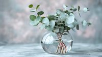 Fresh eucalyptus branches with round silver-dollar leaves in clear glass vase against soft pink and gray background, creating serene minimalist composition.