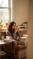 Woman with long wavy brown hair and olive complexion sitting on beige armchair by window, wearing gray cardigan and cream blanket, holding tissue, appearing thoughtful or unwell, with potted plant and books visible in warm home interior.