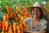 Mature female farmer in straw hat smiling while showing fresh organic orange chili peppers growing in garden, sustainable agriculture and local food production.