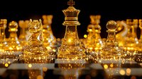Golden chess pieces with king in center focus against dark background, glowing with luxury bokeh lights creating dramatic atmosphere for business strategy concepts.