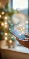 Smart home automation concept showing hands using mobile phone with connected device icons and bokeh lights in cozy interior background.