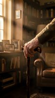 Elderly man's weathered hand gripping wooden walking cane in warm sunlit living room with vintage furniture and books creating cozy atmosphere.