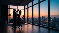 Silhouette of man and woman dancing together in modern high-rise office with floor-to-ceiling windows overlooking illuminated cityscape at sunset, romantic evening celebration.