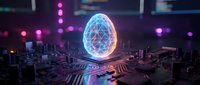 Glowing neon brain hologram floating above circuit board motherboard in futuristic digital cityscape with purple and blue lighting effects for technology and artificial intelligence concepts.