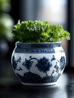 Fresh parsley in traditional blue and white ceramic pot with oriental floral pattern, dramatic lighting on dark background creates elegant home decor atmosphere.
