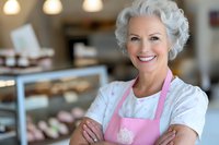 Confident senior woman with gray hair wearing pink apron smiling at bakery. Professional portrait showing successful small business owner with crossed arms.