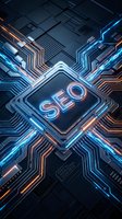 Futuristic computer processor chip with glowing SEO text and neon circuit board patterns for digital marketing and search engine optimization concepts.