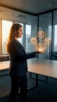 Businesswoman with long brown hair, Caucasian ethnicity, wearing dark blazer in modern office displaying holographic wellness hub interface with health icons for corporate health management solutions.