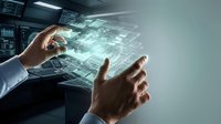 Businessman hands interacting with holographic digital interface displaying data networks and technology solutions for corporate innovation and software development projects.