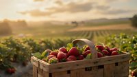 Fresh ripe strawberries in wooden basket at sunset farm field with rows of strawberry plants. Agricultural harvest concept for organic farming business.