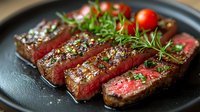 Juicy sliced medium rare beef steak seasoned with herbs, spices and fresh rosemary served on black plate with cherry tomatoes. Gourmet restaurant dish.