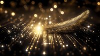 Golden feather floating in magical bokeh light with sparkling particles and warm glowing rays creating dreamy ethereal atmosphere for luxury designs.