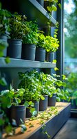 Fresh herbs growing in modern black pots on wooden shelves near window, perfect for kitchen garden inspiration and healthy lifestyle blogs. Natural sunlight creates beautiful bokeh effect.