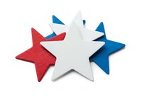 Patriotic stars isolated on white background, red white and blue textured stars for independence day designs, fourth of july graphics, holiday decorations, greeting cards, and festive promotional materials.