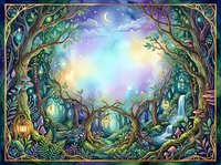 Enchanted forest clearing with glowing magical lights, twisted ancient trees, moonlit sky, and mystical atmosphere for fantasy artwork, book illustrations, and game design backgrounds.