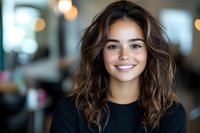 Young Hispanic woman with wavy brown hair and bright smile wearing black top against blurred bokeh background, radiating confidence and joy in casual indoor setting.